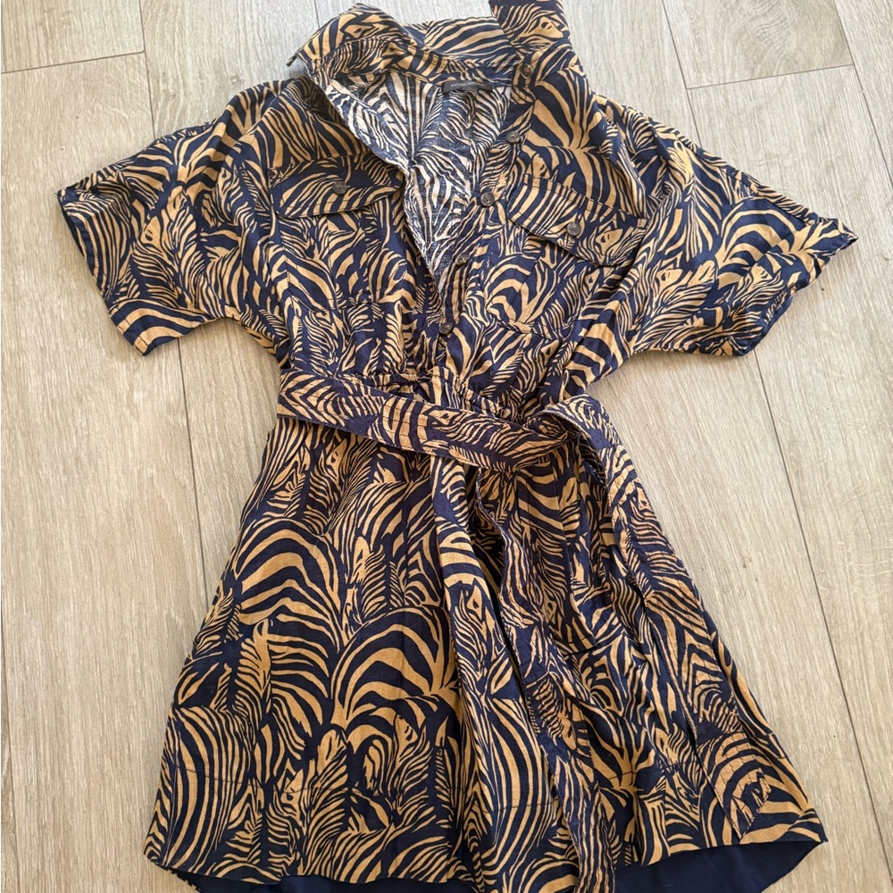 Tan and Navy Zebra Print Belted Shirt Dress - Banana Republic
